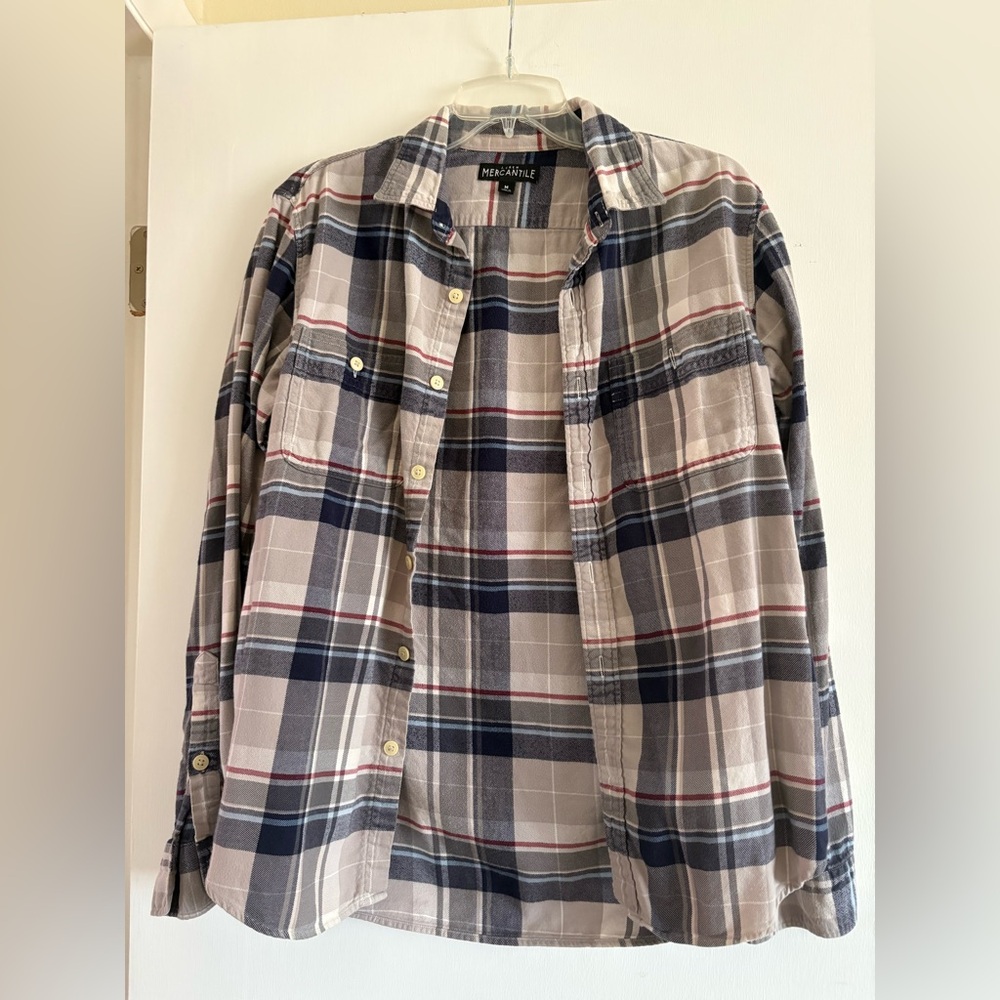 J. Crew Men's Casual Button Down Shirt - Navy, Red, and Beige Plaid